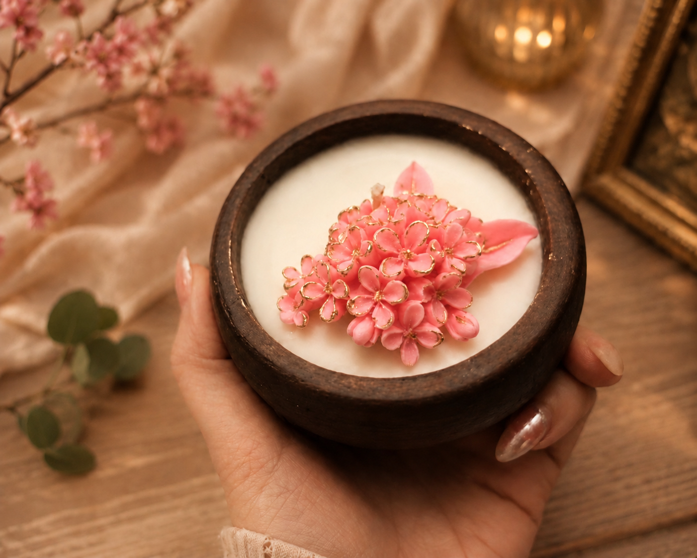 شمع ظرف گرد طرح شکوفه بهاری